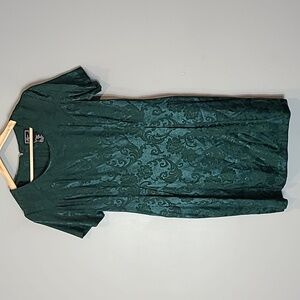 VINTAGE‎ 1990s Emerald Green Satin Floral Dress Jewel Tone Jaquard Size 10P
